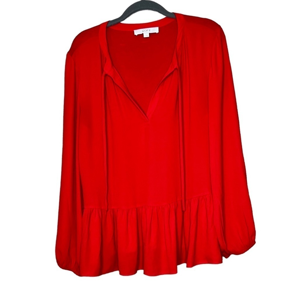 Loft Womens M Long Sleeve Blouse Tie Neck Orange Peplum Shirt